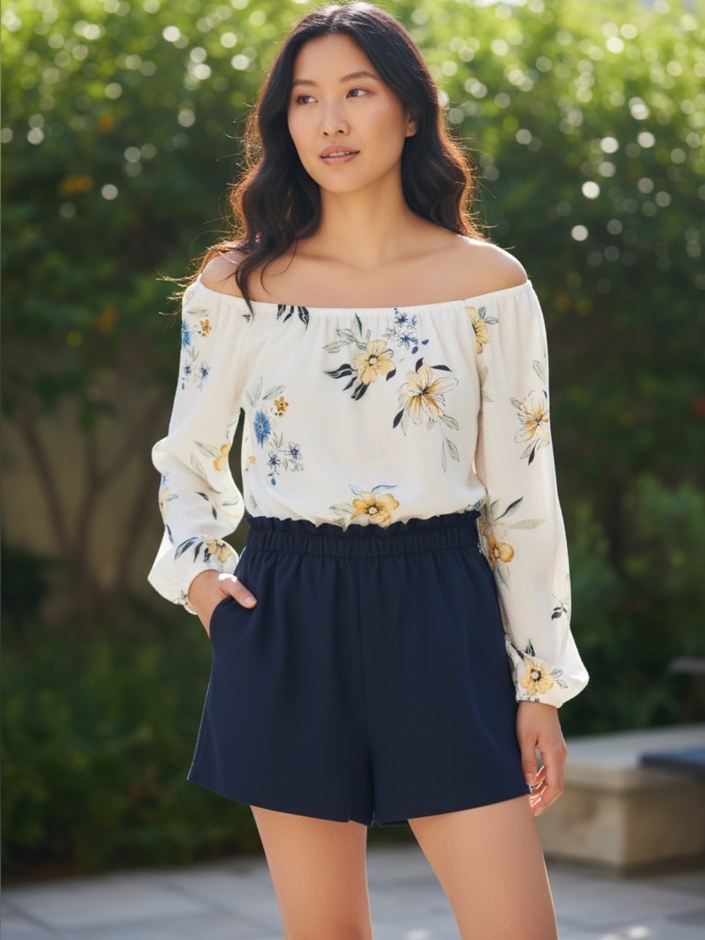 Streetwear Society Off-Shoulder in White Floral Romper and Navy Blue Bottoms